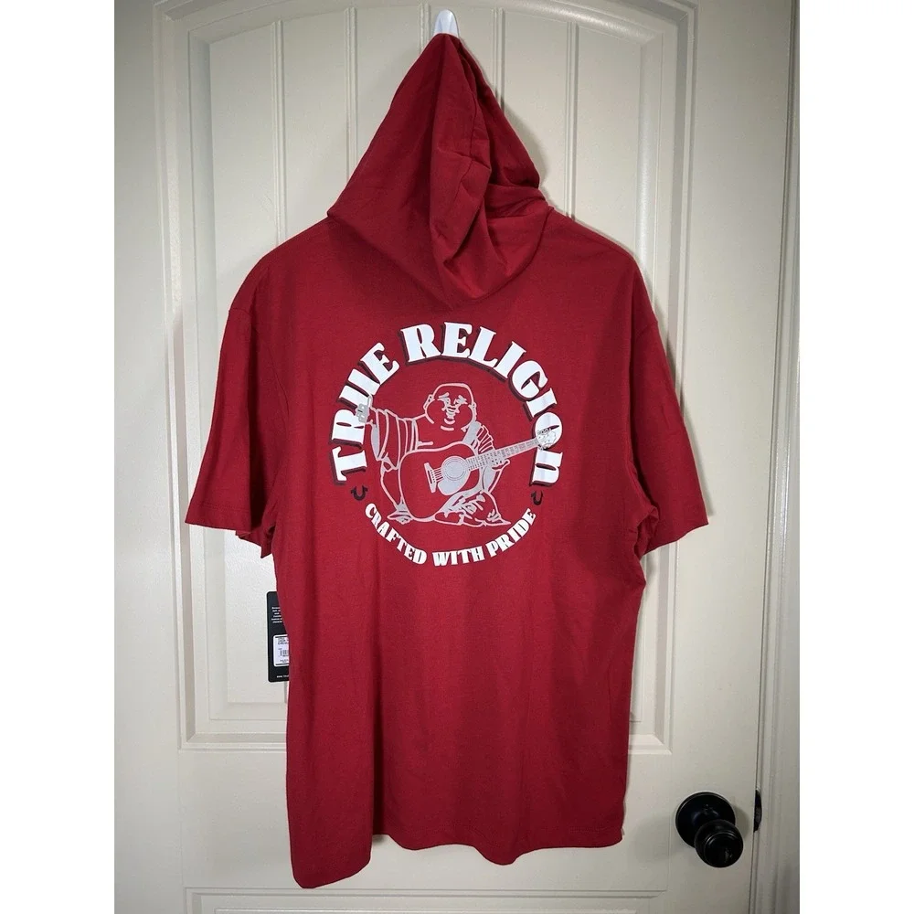 NWT True Religion Men's Red Circular Hooded T-Shirt Buddha Graphic Logo Short M